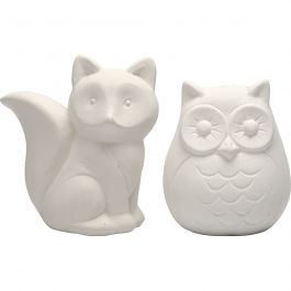 Tirelires en forme d'animaux, hibou et renard, H : 9 cm, blanc, 2 pièces/ 1 Pq. [HOB-50570]