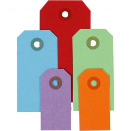 Étiquettes en carton, dim. 3x6+4x8+5x10 cm, 220 gr, ass. de couleurs, 500 pièces/ 1 Pq. [HOB-51009]
