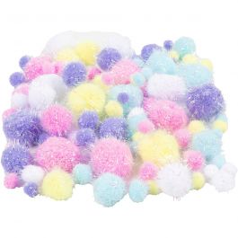 Pompons, D 15-40 mm, Glitter, Pastellfarben, 62 g/ 1 Pck [HOB-518950]