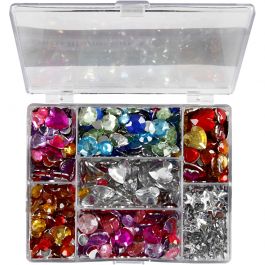 Pierres de strass en boîte, cercle, étoile, coeur, d 6+7+9+10+11+12+14+16 mm, bleu, rose, argent, 300 pièces/ 1 Pq. [HOB-52315]