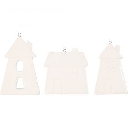 Décorations à suspendre, maisons, H : 7,6-9,7 cm, blanc, 3 pièces/ 1 Pq. [HOB-555170]
