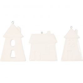 Décorations à suspendre, maisons, H : 7,6-9,7 cm, blanc, 18 pièces/ 1 Pq. [HOB-55517]