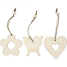 Décorations en bois, fleur, papillon, coeur, dim. 6 cm, 9 pièce/ 1 Pq. [HOB-56731]