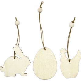 Décorations en bois, lapin, fleur, poulet, dim. 6 cm, ép. 3 mm, 9 pièces/ 1 Pq. [HOB-56732]