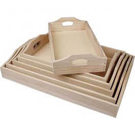 Plateaux en bois, H : 5 cm, L : 29+32+35+38+41+44 cm, L : 16,5+19+22+25+27+30 cm, 6 pièces/ 1 set [HOB-57522]