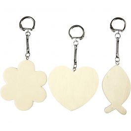 Porte-clés avec pendentif en bois, dim. 6-7 cm, ép. 3 mm, 3 pièces/ 1 Pq. [HOB-576841]