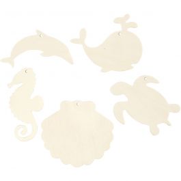 Meerestiere zum Aufhängen, Seepferdchen, Schildkröte, Delfin, Muschel und Wal, H 5-10 cm, B 5-10 cm, Lochgröße 3 mm, Dicke 2 mm, 5 Stk/ 1 Pck [HOB-57972]