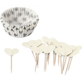 Papiers et piques pour cupcake, H : 3 cm, d 5 cm, 40 gr, blanc cassé, 24 set/ 1 Pq. [HOB-59150]