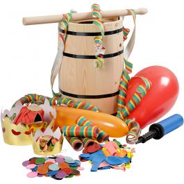 Holzfass, gefüllt mit Karnevals-Artikeln, H 38 cm, klein, 1 Set [HOB-59208]