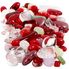 Perles de verre, coccinelles, feuilles, coeurs, d 5-22 mm, diamètre intérieur 0,5-1,5 mm, ass. de couleurs, 350 gr/ 1 Pq. [HOB-68423]