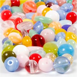 Perles de verre, rond, ovale, circulaire, d 6-13 mm, diamètre intérieur 0,5-1,5 mm, ass. de couleurs, 60 gr/ 1 Pq. [HOB-684250]