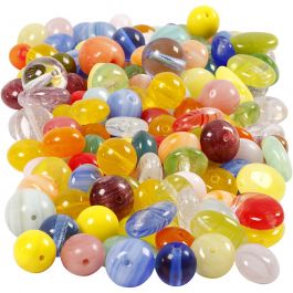 Perles de verre, rond, ovale, circulaire, d 6-13 mm, diamètre intérieur 0,5-1,5 mm, ass. de couleurs, 350 gr/ 1 Pq. [HOB-68425]