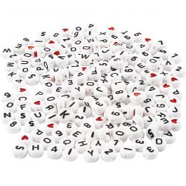 Perles lettres, dim. 7 mm, diamètre intérieur 1,2 mm, blanc, 200 gr/ 1 Pq. [HOB-69905]
