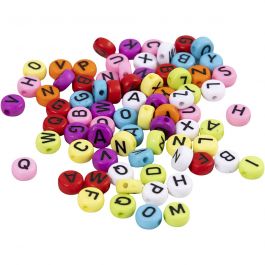 Perles rondes avec lettre, d 7 mm, diamètre intérieur 1-2 mm, ass. de couleurs, 25 gr/ 1 Pq. [HOB-743074]