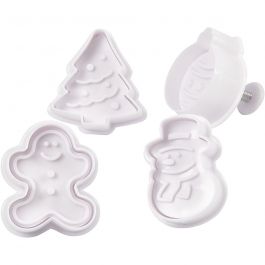 Emporte-Pièces avec Tampon, Sapin de Noël, bonhomme de neige, bonhomme en pain d'épice, boule de Noël, H : 5 cm, blanc, 4 pièces/ 1 Pq. [HOB-782870]
