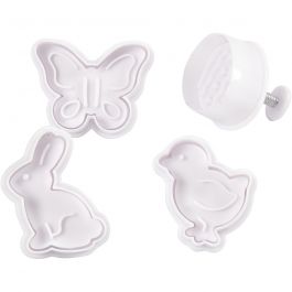 Emporte-Pièces avec Tampon, oeuf de Pâques, poussin, papillon, H : 5 cm, blanc, 4 pièces/ 1 Pq. [HOB-782872]