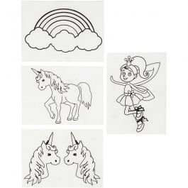 Feuilles de plastique thermorétractable avec motifs, licorne, feuille 10,5x14,5 cm, ép. 0,3 mm, transparent mat, 4 flles/ 1 Pq. [HOB-790711]