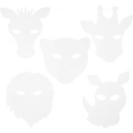 Masques d'animaux de la jungle, H : 22,5-25 cm, L : 20,5-22,5 cm, 230 gr, blanc, 16 pièces/ 1 Pq. [HOB-95213]