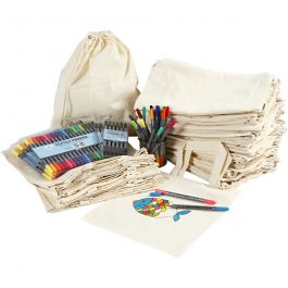 Henkel-Stofftaschen und Zugband-Stoffbeutel mit Filzstiften zum Bemalen, Größe 27,5x30 cm, Sortierte Farben, 1 Set [HOB-97075]