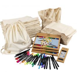 Gruppen-Kreativset Henkel-Stofftaschen und Zugband-Stoffbeutel, Größe 27,5x30 cm, Sortierte Farben, 1 Set [HOB-97075]