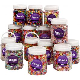 Kunststoffperlen, Größe 6-15 mm, Lochgröße 1,5-6 mm, Sortierte Farben, 16x700 ml/ 1 Pck [HOB-99855]