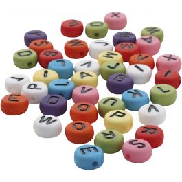 Perles rondes avec lettre, d 7 mm, diamètre intérieur 1-2 mm, ép. 4 mm, ass. de couleurs, 500 gr/ 1 Pq. [HOB-743077]