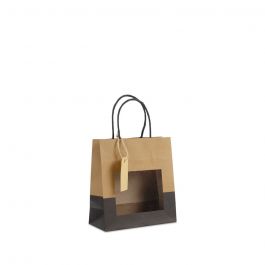 Sacs cadeaux avec fenêtre et étiquette 18+8x19cm kraft/noir (100 pièces) [FP-DPT113]