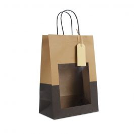 Sacs cadeaux avec fenêtre et étiquette 22+12x32cm kraft/noir (100 pièces) [FP-DPT114]