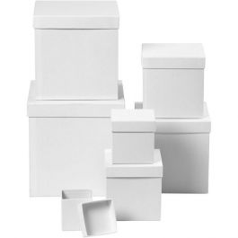 Deckelkartons - Sortiment, Quadratische Form, Größe 7,5+10+13+15+18+20+23 cm, H 7,5+10+13+15+18+20+23 cm, Weiß, 7Stck. [HOB50437]