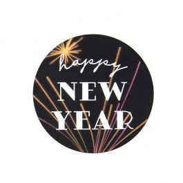 Sticker Rund "Happy New Year" (rund Schwarz mit Weiß Text) 3,8 cm (1 Blatt) [LS1HHNY]