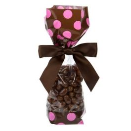 Sachet imprimé avec fond marron/pois roses aux extrémités, 5.1x4.8x24.1 cm (100 pièces) [G1BP]