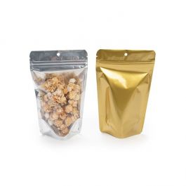 Doypack à fermeture Zip, dos doré 13 x 8 x 20,5 cm avec trou de suspension (100 pièces) [ZBGG3H]