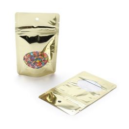 Doypack métallisé or avec fenêtre 7.9 x 5.1 x 13 cm (28 g) Trou Suspension Rond (100 Pièces) [ZBGMO1SGH]