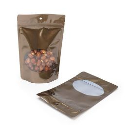 Doypack bronze avec fenêtre ovale 13 x 7,9 x 20,6 cm (113 g) Trou Suspension Rond (100 Pièces) [ZBGO3BZH]