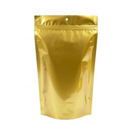 Doypack à fermeture Zip, or métallisé 17 x 9 x 28,5 cm avec trou de suspension (100 pièces) [ZBGM4GH]