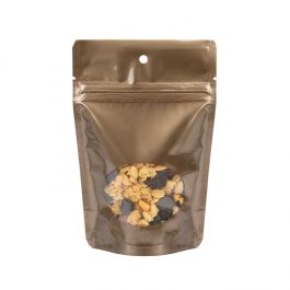 Doypack bronze avec fenêtre ovale 10x6x15cm + trou de suspension (100 pièces) [ZBGO2BZH]