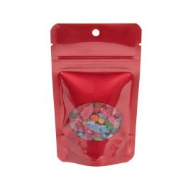 Doypack à fermeture Zip rouge, avec fenêtre ovale 8 x 5 x 13 cm + trou de suspension (100 pièces) [ZBGO1RH]