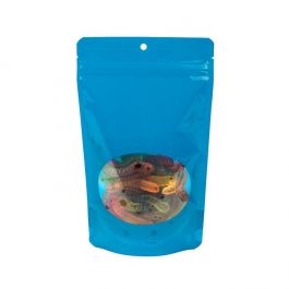 Pochettes doypack bleues avec fenêtre ovale 13 x 7,9 x 20,6 cm avec trou de suspension (100 pièces) [ZBGO3BLH]